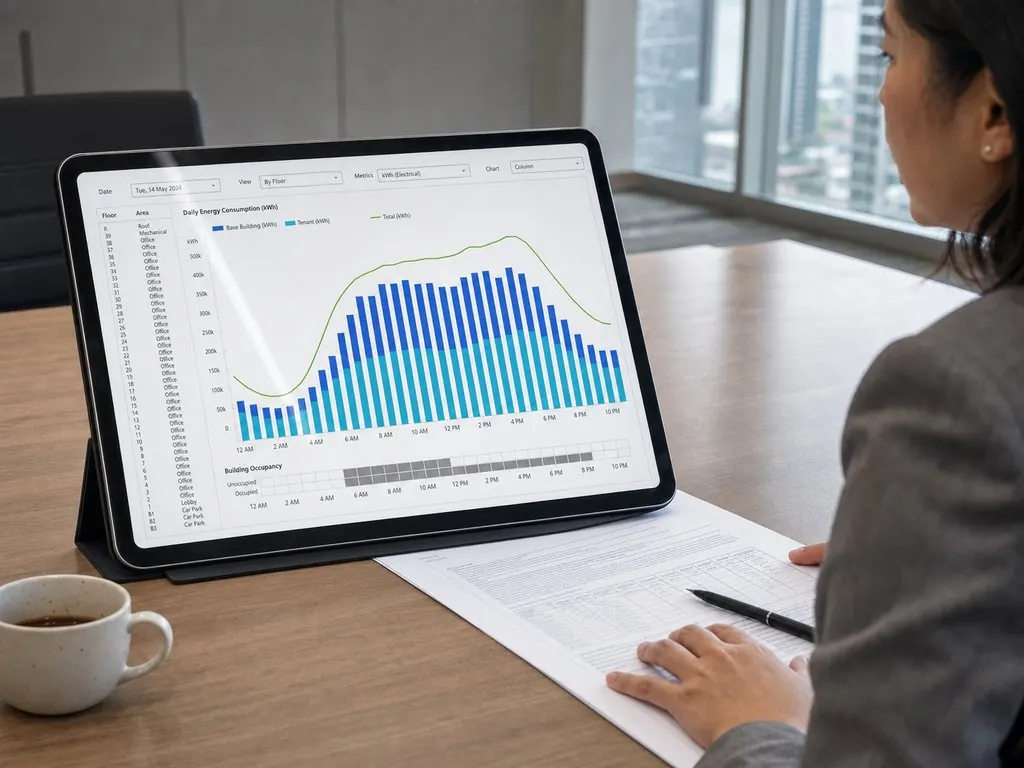 Tablet showing a KNX energy and occupancy dashboard during a building operations review