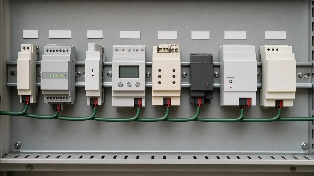Eight control modules from different manufacturers linked by a single continuous KNX bus cable