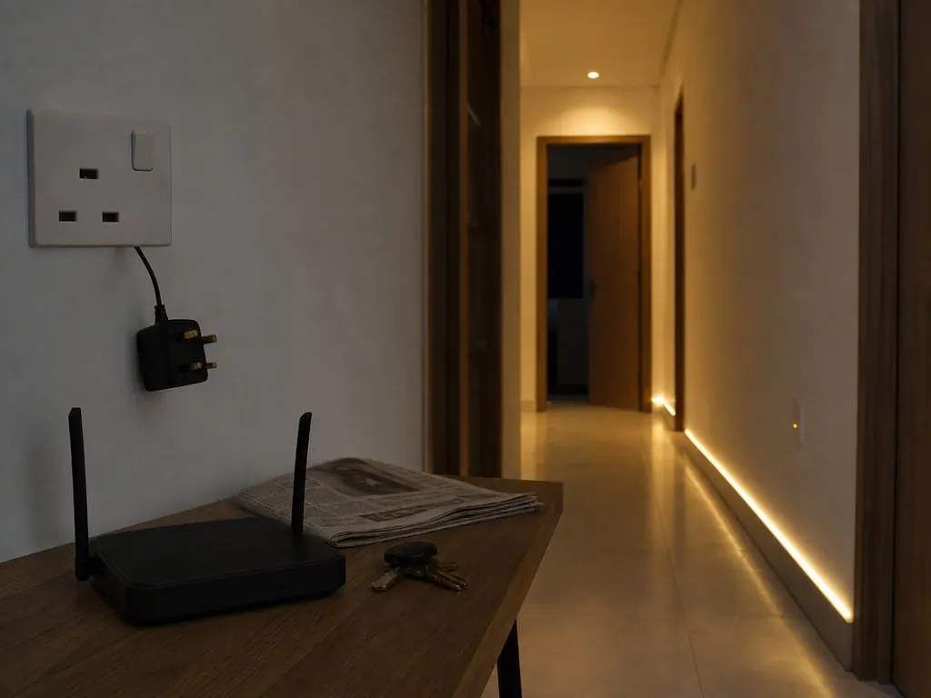 A home router unplugged while the corridor night lighting scene continues to run