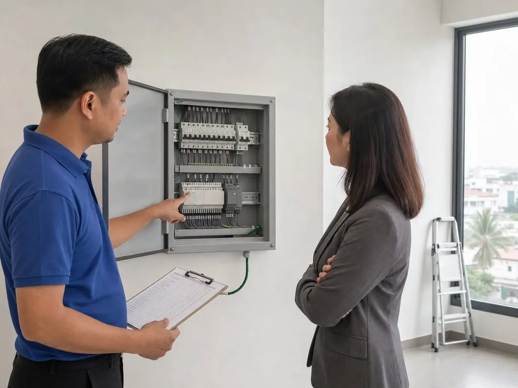 Engineer and client reviewing an open distribution board and drawings during a site survey
