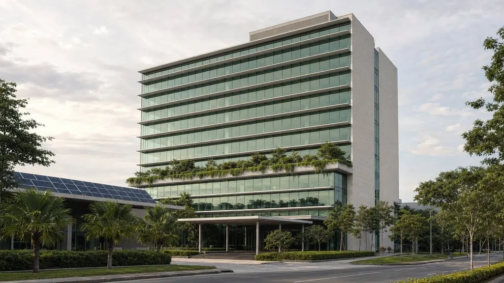 Green-rated Malaysian office tower with deep shading fins and planted sky terraces at golden hour