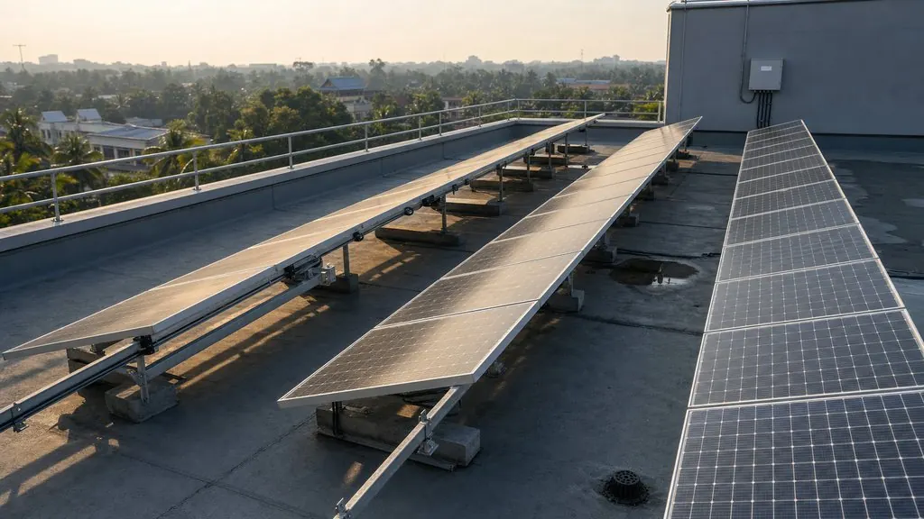 Rooftop solar photovoltaic array on a Malaysian commercial building at sunrise