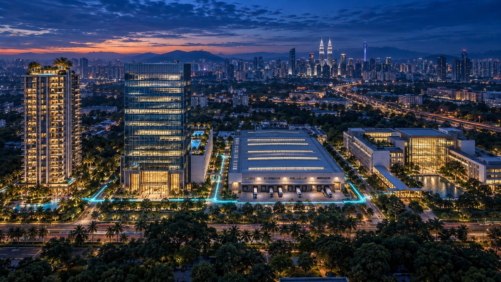 A Kuala Lumpur district at dusk with a residential condominium tower, a commercial office tower, an industrial plant and warehouse, and a university campus, linked by one glowing KNX bus line