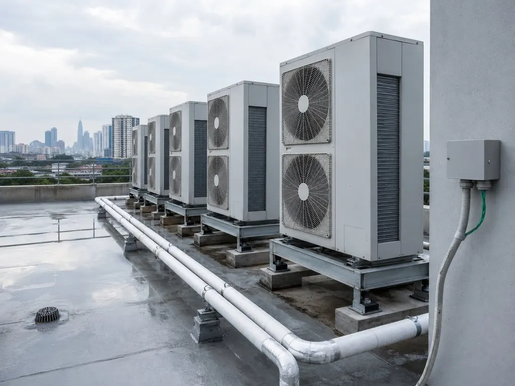 Roof plant deck with VRF condenser units and neatly run refrigerant pipework on a Malaysian commercial building