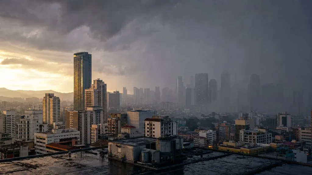 Monsoon downpour sweeping across the Kuala Lumpur skyline in the late afternoon