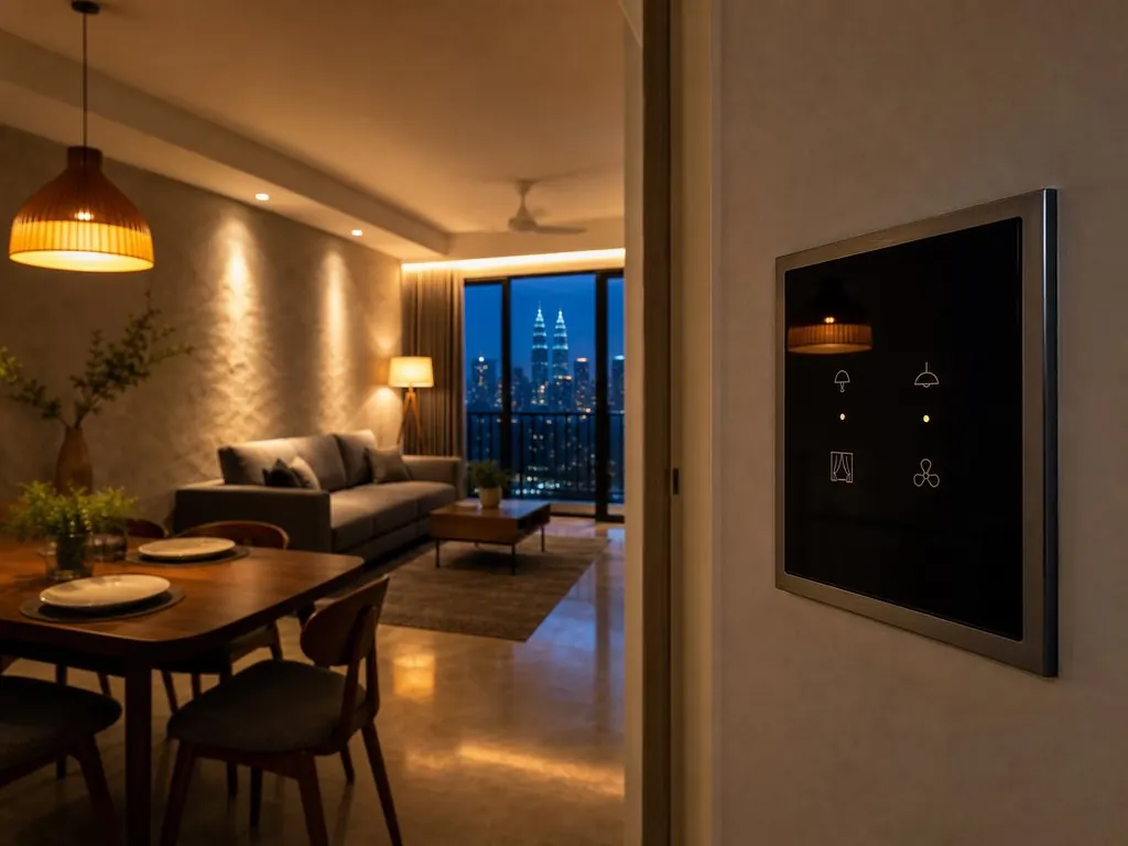 Condominium living room in the evening with an automated lighting scene and a flush glass control plate