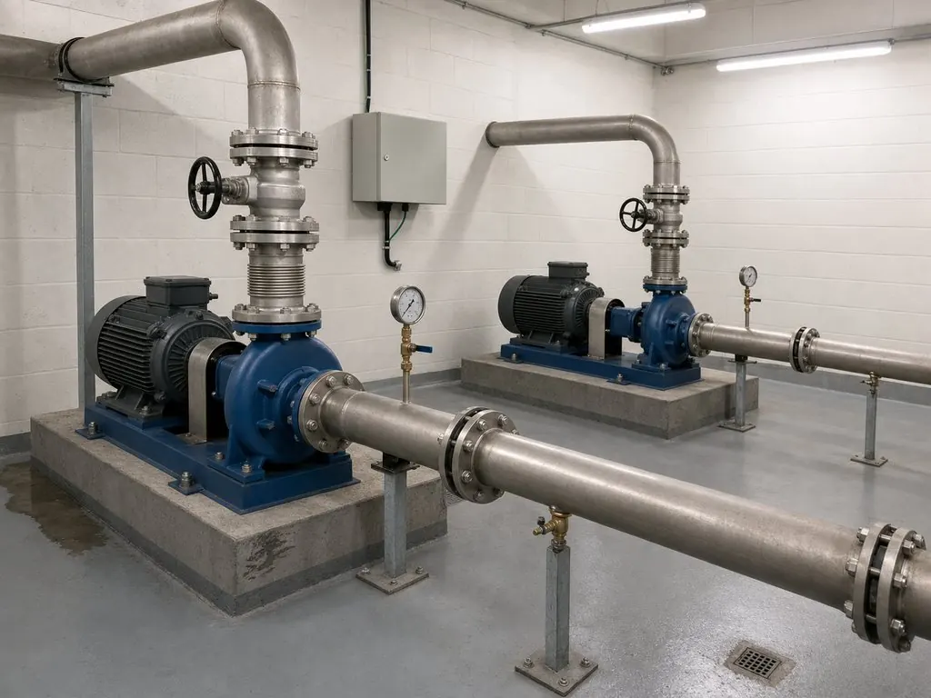 Chiller plant room with insulated chilled-water headers and a wall-mounted control panel