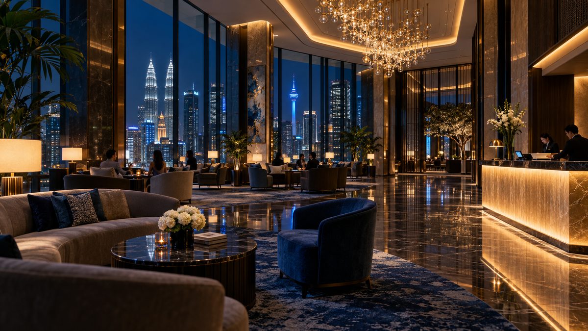 Hotel Lobby Lounge, Kuala Lumpur. Chandelier, cove and table-lamp layers recalled as one evening scene from the concierge desk.