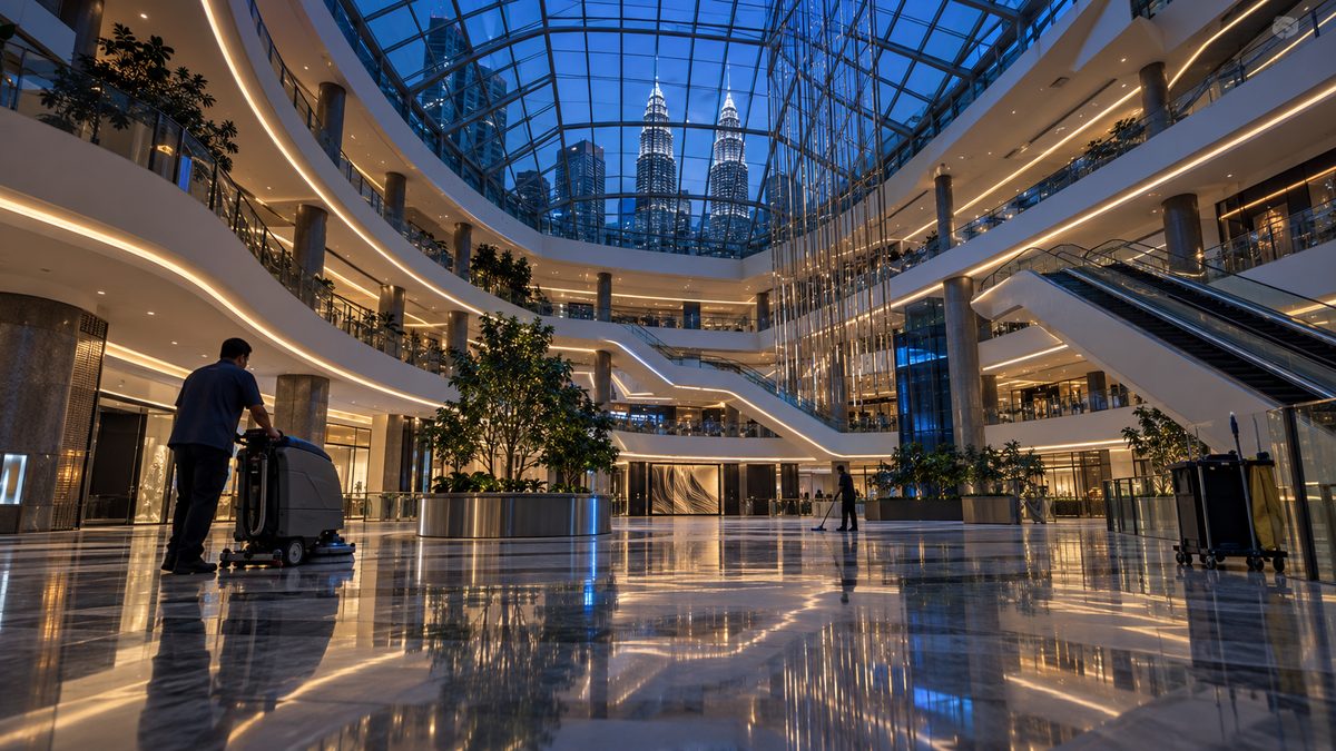 Shopping Mall Atrium, Kuala Lumpur. Open, trade, close and cleaning scenes across five levels of balustrade and feature cove.