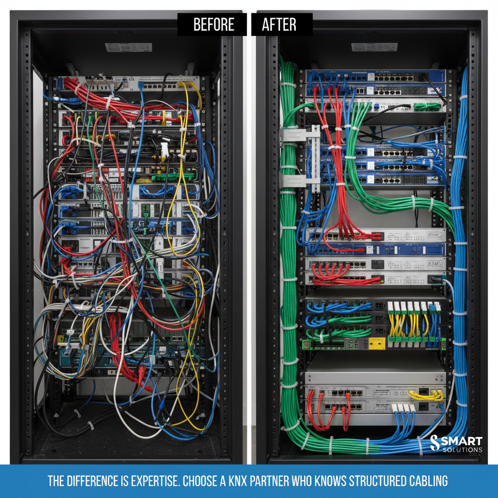 Comparison of KNX installation with proper structured cabling versus unorganized cabling - showing the difference between professional and amateur KNX installers