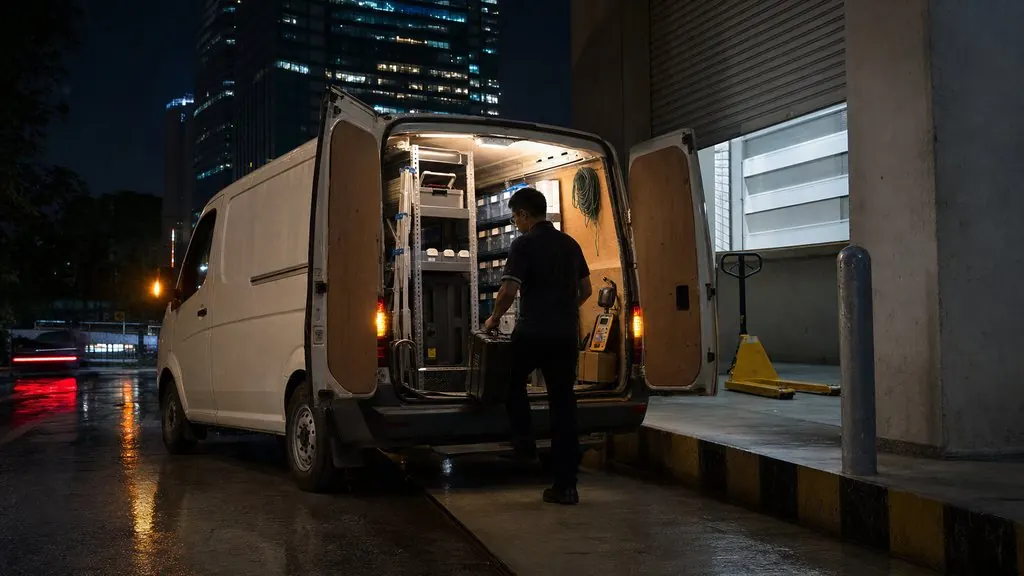 Service van at the loading bay of a Kuala Lumpur office tower during an after-hours KNX call-out