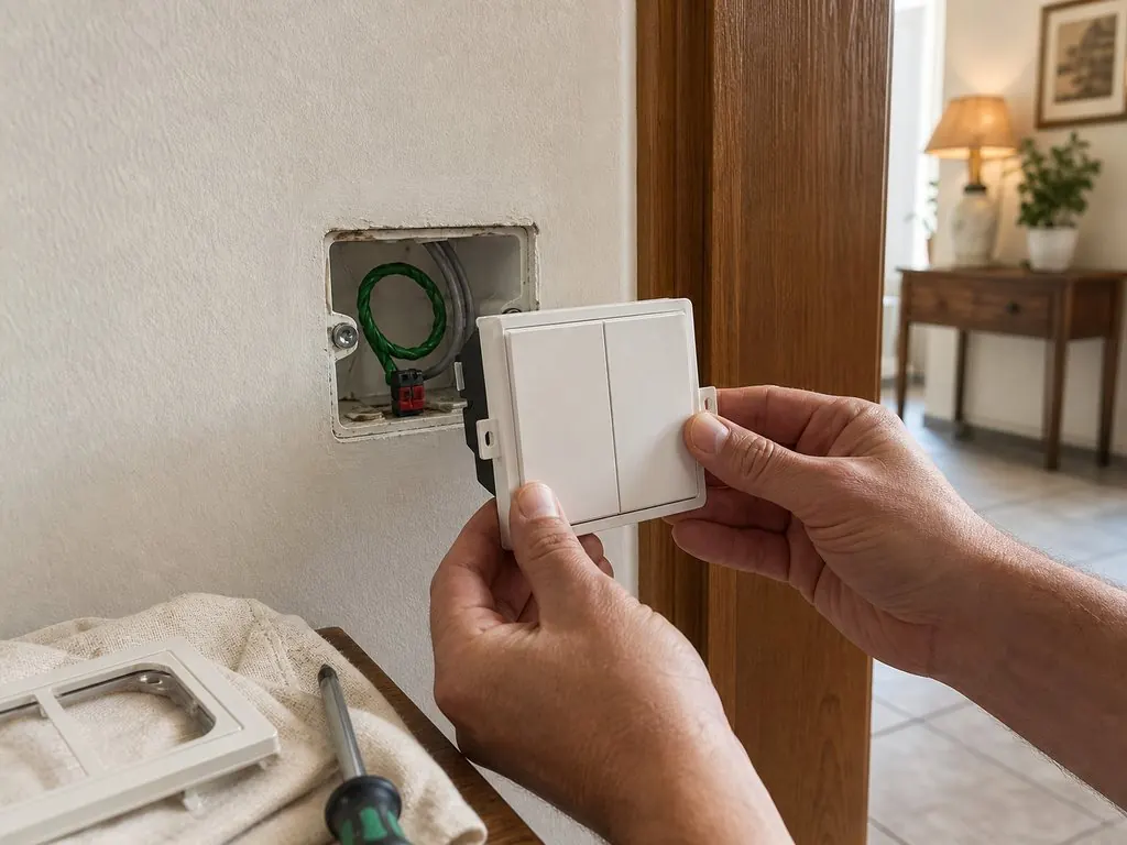 Engineer fitting a flush control plate into an existing back box on a finished marble wall without hacking