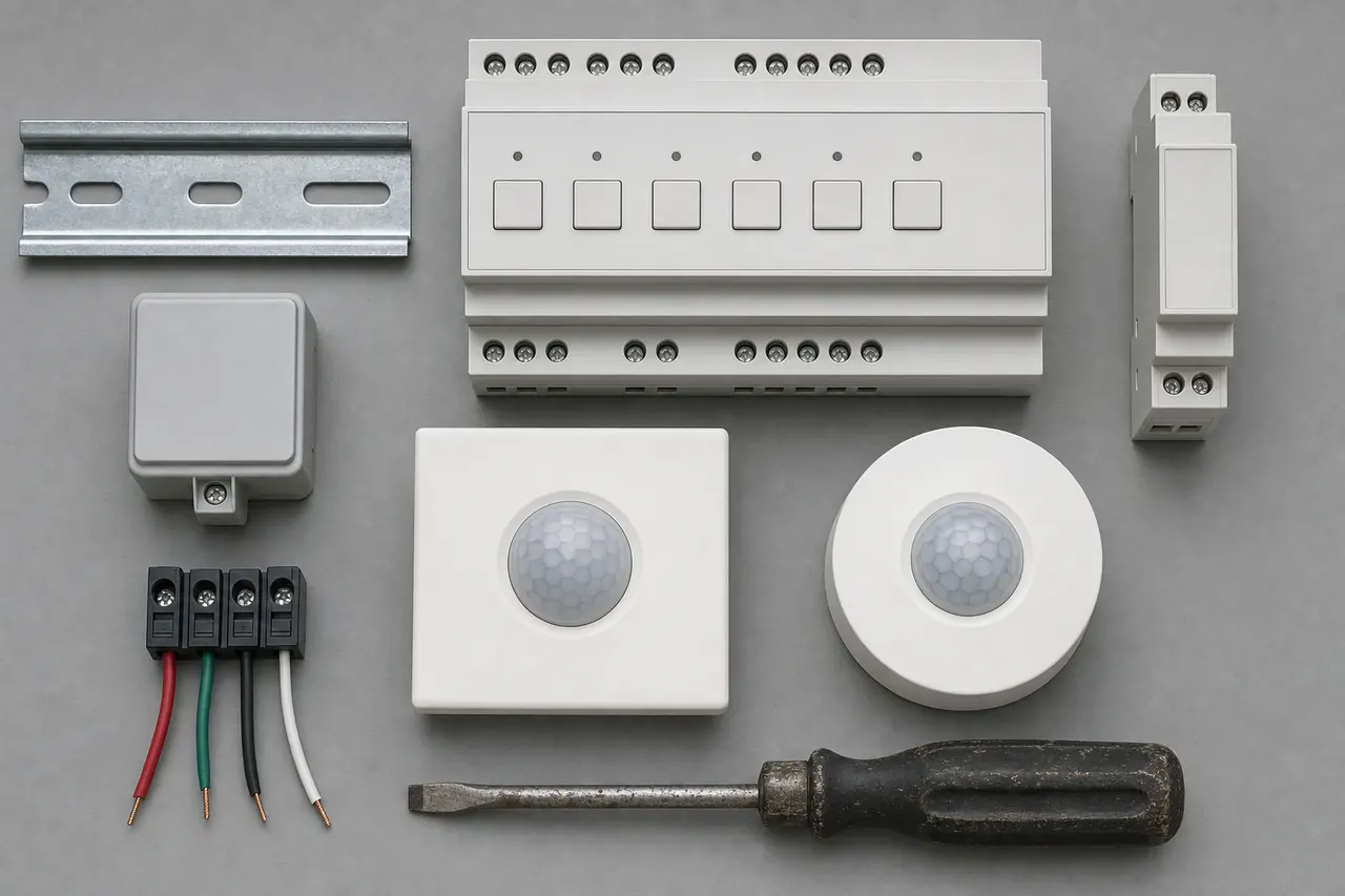 Overhead flat lay of KNX hardware: DIN-rail modules, power supply, presence detector, sensor plate and bus terminal