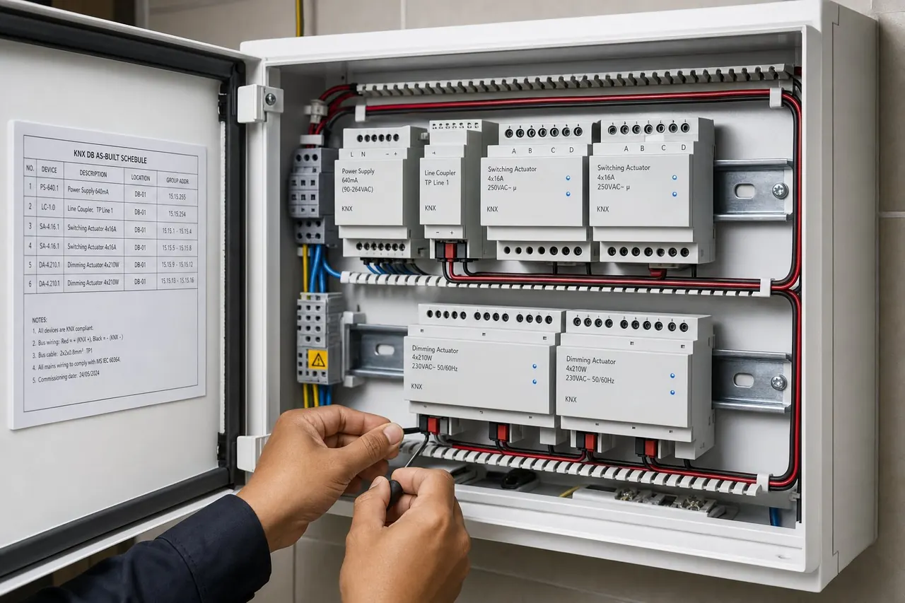 Compact labelled KNX DIN-rail control panel built to full standard in a Malaysian terrace house on a sub-RM100,000 project